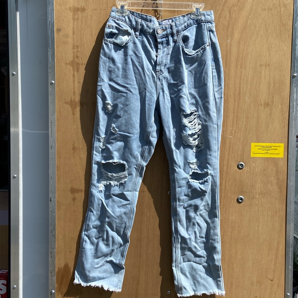 Forever 21 light wash slim straight, ripped denim, button fly, size 27